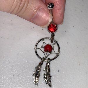 14 Gauge Dream Catcher Belly Ring, Dark Red Gem with red bead and a gold split r